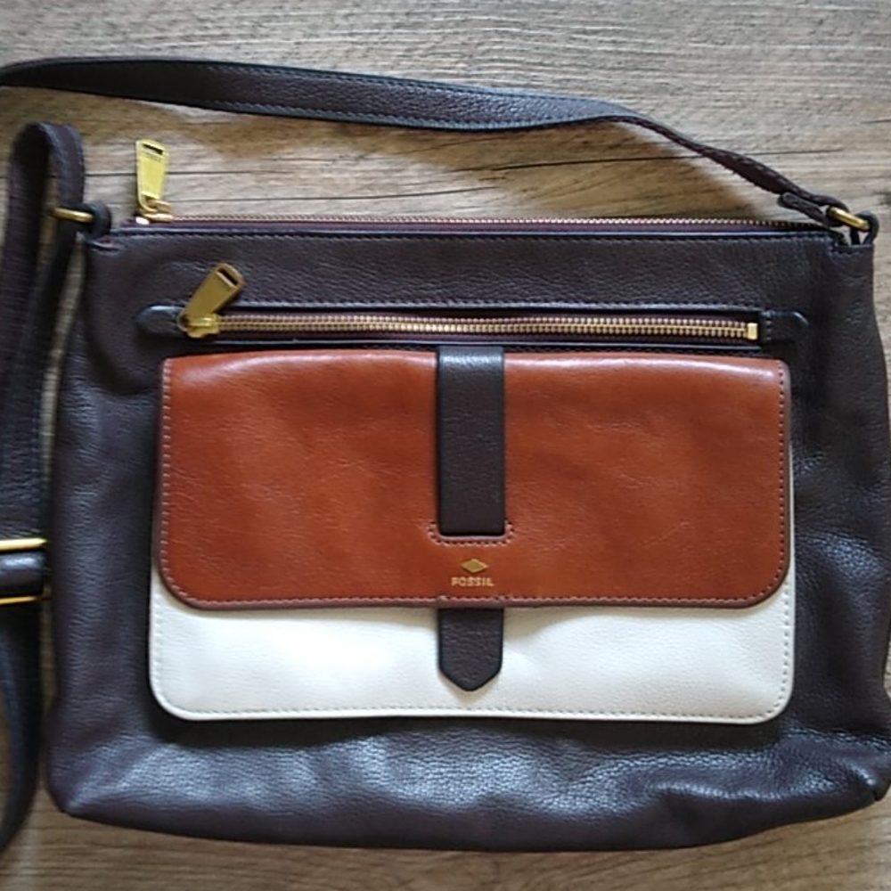 FOSSIL Leather Large Crossbody Bag Brown & Cream